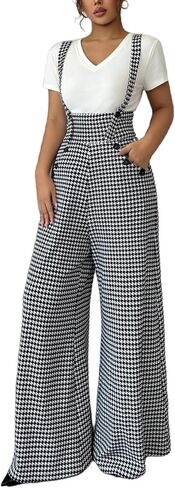 Milumia Women's Houndstooth Print Overalls Jumpsuit Casual Sleeveless Wide Leg Pants Romper in Saudi Arabia