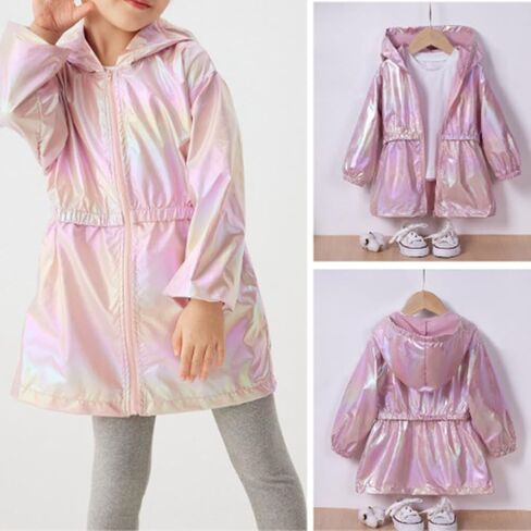 Girl's Thin Coat With Gradient Iridescent Hooded Jacket Waterproof Outwear Rain Jacket with Lining 2-9 Years in Saudi Arabia