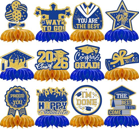 12PCS Graduation Decorations 2026, Blue and Gold Graduation Centerpieces for Tables Class of 2026 Graduation Table Decorations Honeycomb Centerpieces Table Toppers for Graduation Party Supplies in Saudi Arabia