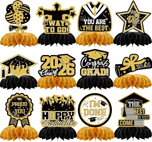 12PCS Graduation Decorations 2026, Blue and Gold Graduation Centerpieces for Tables Class of 2026 Graduation Table Decorations Honeycomb Centerpieces Table Toppers for Graduation Party Supplies in Saudi Arabia
