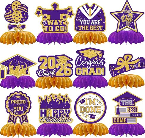 12PCS Graduation Decorations 2026, Blue and Gold Graduation Centerpieces for Tables Class of 2026 Graduation Table Decorations Honeycomb Centerpieces Table Toppers for Graduation Party Supplies in Saudi Arabia