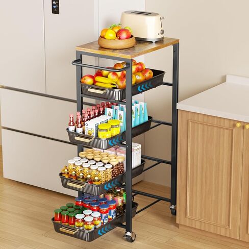 Vivihomety 5-Tier Rolling Utility Cart with Wheels, Kitchen Storage Cart with Wooden Top & Pull-Out Mesh Baskets, Large Capacity Organizer for Kitchen, Bathroom, Laundry Room Black in Saudi Arabia