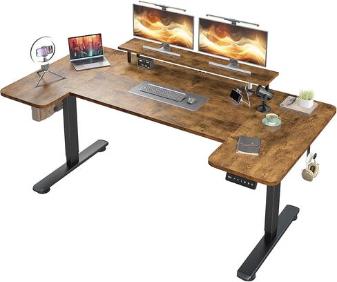 EnHomee 71 x 36 Inch U Shaped Electric Standing Desk, Height Adjustable Desk with Power Outlet, 3 Memory Height Preset, Monitor Shelf for Home Office Work Study Gaming, Brown in Saudi Arabia