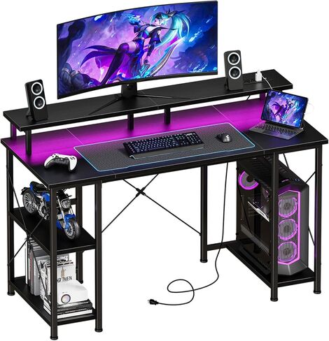 DUMOS 52-Inch L-Shaped Gaming Desk with LED Lights, Power Outlets, Storage Drawers & Shelves Computer Desk with PC Stand and Cable Management for Bedroom Dual Monitor Streaming, Black in Kuwait
