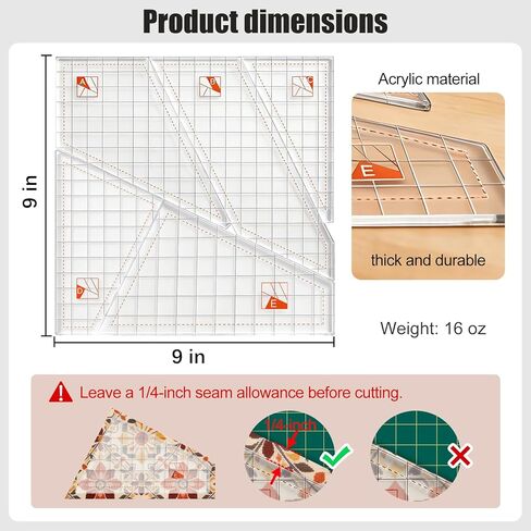 Scrap Crazy Style Quilting Template Set, 6 Pcs Non-Slip Acrylic Quilt Rulers for 6 & 9 Inch Squares, 0.118" Thick Precision Cutting Templates for Sewing, Patchwork and DIY Hand Crafting in Saudi Arabia