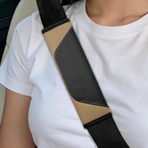 2PCS Car Seat Belt Covers, Leather and Carbon Fiber Spliced Seat Belt Shoulder Guard, Breathable Soft Seat Belt Shoulder Pads, Universal Car Accessories for Most Cars Trucks SUVs (Beige) in Saudi Arabia