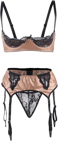 Women's Faux Leather Garter Lingerie Set Sexy Lace Bra and Panties Set 3-Piece Underwire Bra Thong Set with Garter Blet in Saudi Arabia