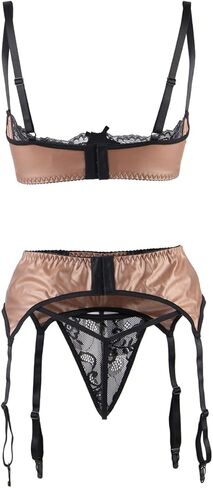 Women's Faux Leather Garter Lingerie Set Sexy Lace Bra and Panties Set 3-Piece Underwire Bra Thong Set with Garter Blet in Saudi Arabia