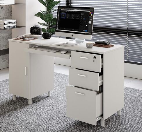 Modern Design Venice Computer Desk with Lockable Drawers, 53 Inch Home Office Desk with Storage Cabinet, Keyboard Tray & Cable Management, Modern Study Writing Desk for Small Spaces, Black and Grey in Saudi Arabia