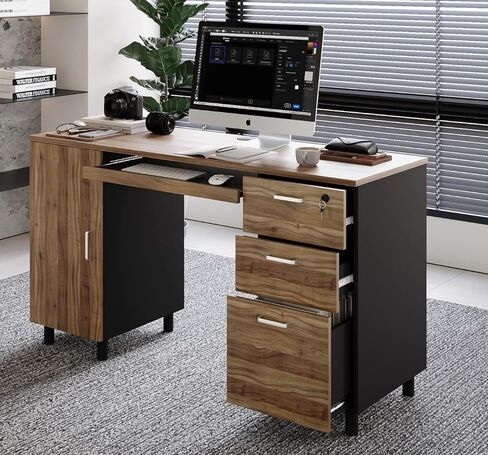 Modern Design Venice Computer Desk with Lockable Drawers, 53 Inch Home Office Desk with Storage Cabinet, Keyboard Tray & Cable Management, Modern Study Writing Desk for Small Spaces, Black and Grey in Kuwait