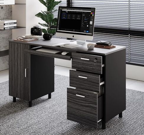 Modern Design Venice Computer Desk with Lockable Drawers, 53 Inch Home Office Desk with Storage Cabinet, Keyboard Tray & Cable Management, Modern Study Writing Desk for Small Spaces, Black and Grey in Kuwait
