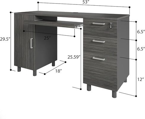 Modern Design Venice Computer Desk with Lockable Drawers, 53 Inch Home Office Desk with Storage Cabinet, Keyboard Tray & Cable Management, Modern Study Writing Desk for Small Spaces, Black and Grey in Kuwait