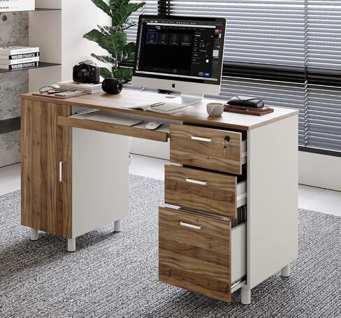 Modern Design Venice Computer Desk with Lockable Drawers, 53 Inch Home Office Desk with Storage Cabinet, Keyboard Tray & Cable Management, Modern Study Writing Desk for Small Spaces, Black and Grey in Kuwait