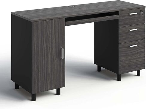 Modern Design Venice Computer Desk with Lockable Drawers, 53 Inch Home Office Desk with Storage Cabinet, Keyboard Tray & Cable Management, Modern Study Writing Desk for Small Spaces, Black and Grey in Kuwait