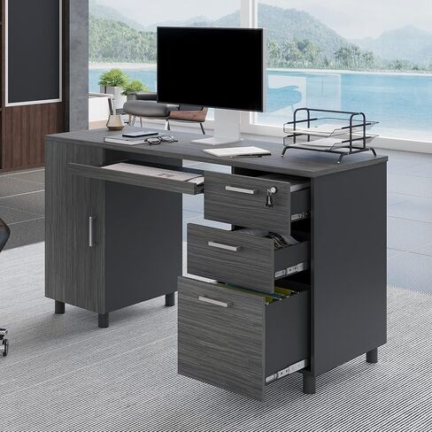 Modern Design Venice Computer Desk with Lockable Drawers, 53 Inch Home Office Desk with Storage Cabinet, Keyboard Tray & Cable Management, Modern Study Writing Desk for Small Spaces, Black and Grey in Kuwait