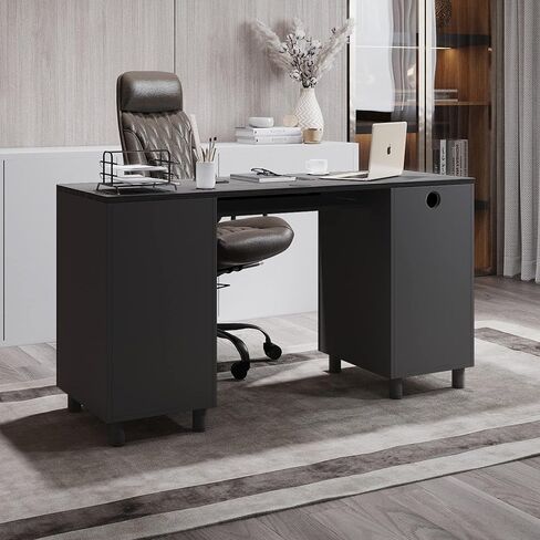 Modern Design Venice Computer Desk with Lockable Drawers, 53 Inch Home Office Desk with Storage Cabinet, Keyboard Tray & Cable Management, Modern Study Writing Desk for Small Spaces, Black and Grey in Kuwait
