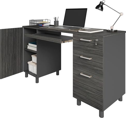 Modern Design Venice Computer Desk with Lockable Drawers, 53 Inch Home Office Desk with Storage Cabinet, Keyboard Tray & Cable Management, Modern Study Writing Desk for Small Spaces, Black and Grey in Kuwait