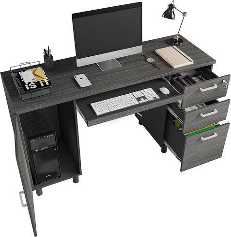 Modern Design Venice Computer Desk with Lockable Drawers, 53 Inch Home Office Desk with Storage Cabinet, Keyboard Tray & Cable Management, Modern Study Writing Desk for Small Spaces, Black and Grey in Kuwait