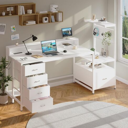 Gaming Desk with Storage Drawers, Computer Desk with Shelves & Charging Station, Corner Writing Table with Pegboard for Small Space, Home Office Desk, Black in Saudi Arabia