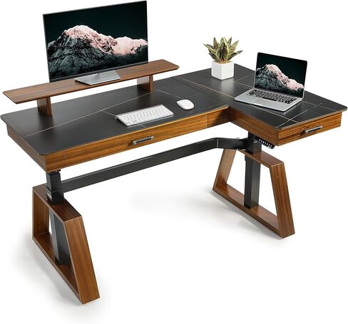 EUREKA ERGONOMIC مكتب قائم كهربائي مع أدراج مزدوجة، مكتب تنفيذي مقاس 63 بوصة، مكتب مكتب على شكل حرف L قابل للتعديل الارتفاع، محطات عمل كمبيوتر مع حامل شاشة، يمين/أسود in Kuwait