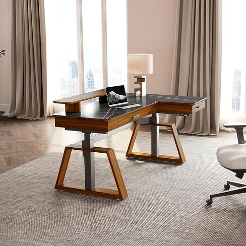 EUREKA ERGONOMIC مكتب قائم كهربائي مع أدراج مزدوجة، مكتب تنفيذي مقاس 63 بوصة، مكتب مكتب على شكل حرف L قابل للتعديل الارتفاع، محطات عمل كمبيوتر مع حامل شاشة، يمين/أسود in Kuwait