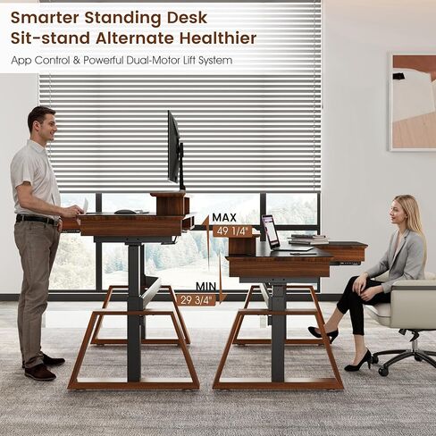 EUREKA ERGONOMIC مكتب قائم كهربائي مع أدراج مزدوجة، مكتب تنفيذي مقاس 63 بوصة، مكتب مكتب على شكل حرف L قابل للتعديل الارتفاع، محطات عمل كمبيوتر مع حامل شاشة، يمين/أسود in Kuwait