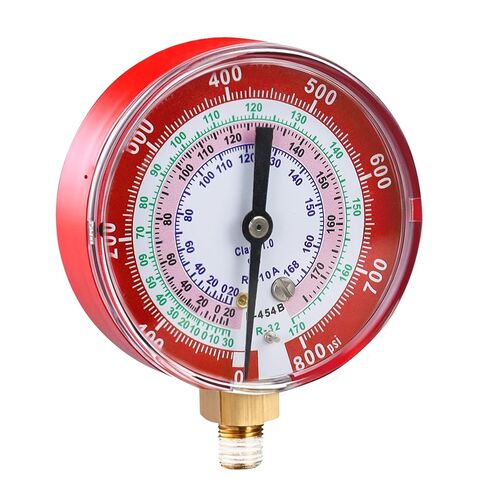 ترقية مقياس مشعب A2L 49117 - أحمر، مقاييس 3-1/8 بوصة (80 مم)، متوافق مع أداة HVAC/R الاحترافية R32، R454B، R410A، ضغط العمل 0-800 رطل لكل بوصة مربعة، خيط Npt 1/4 بوصة، موازين مرمزة بالألوان in Kuwait