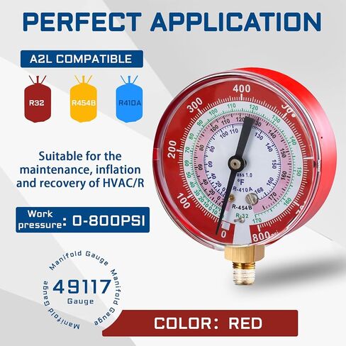 ترقية مقياس مشعب A2L 49117 - أحمر، مقاييس 3-1/8 بوصة (80 مم)، متوافق مع أداة HVAC/R الاحترافية R32، R454B، R410A، ضغط العمل 0-800 رطل لكل بوصة مربعة، خيط Npt 1/4 بوصة، موازين مرمزة بالألوان in Kuwait