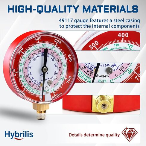 ترقية مقياس مشعب A2L 49117 - أحمر، مقاييس 3-1/8 بوصة (80 مم)، متوافق مع أداة HVAC/R الاحترافية R32، R454B، R410A، ضغط العمل 0-800 رطل لكل بوصة مربعة، خيط Npt 1/4 بوصة، موازين مرمزة بالألوان in Kuwait