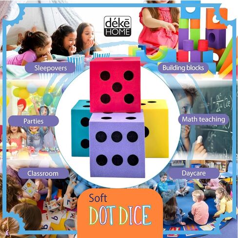Deke Home - مجموعة نرد إسفنجية (عبوة من 4 قطع)، نرد كبير للفصول الدراسية والتعليم المنزلي، ألوان زاهية متنوعة، كبيرة 1.96 بوصة، خفيفة الوزن، لعبة لعب هادئة، ألعاب الرياضيات، الفصول الدراسية، مواد غير سامة in Kuwait