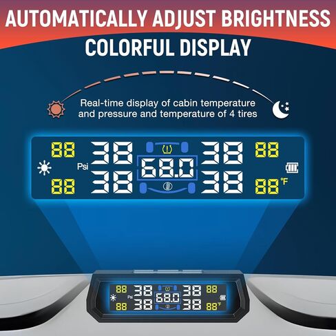 نظام مراقبة ضغط الإطارات - نظام مراقبة ضغط الإطارات بالطاقة الشمسية RV TPMS مع 4 أجهزة استشعار خارجية و6 أوضاع تنبيه، مجموعة مستشعرات TPMS للتشغيل والإيقاف التلقائي لشاشة LCD مكونة من 4 قطع لشاحنة RV Trailer SUV (0-87 رطل لكل بوصة مربعة) in Kuwait