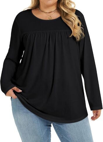 JOELLYUS Plus Size Tops for Women Fall Long Sleeve Shirts Casual Crew Neck Pleated Tunic Blouse Winter in Saudi Arabia