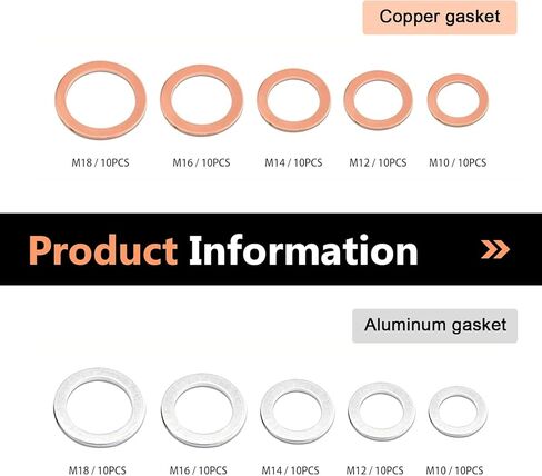 100 PCS Car Oil Drain Plug Gasket Assortment, Oil Drain Plug Washers, M10 M12 M14 M16 M18 Aluminum Copper Engine Crush Washer, Universal for Most Cars Motorcycles (Silver & Gold) in Kuwait