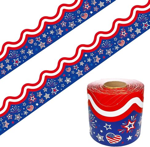 68.9 Feet Patriotic Bulletin Board Border Fireworks Stars Red White Striped Decoration Sticker for on July 4thClassroom Blackboard Independence Day Party Decoration in Saudi Arabia