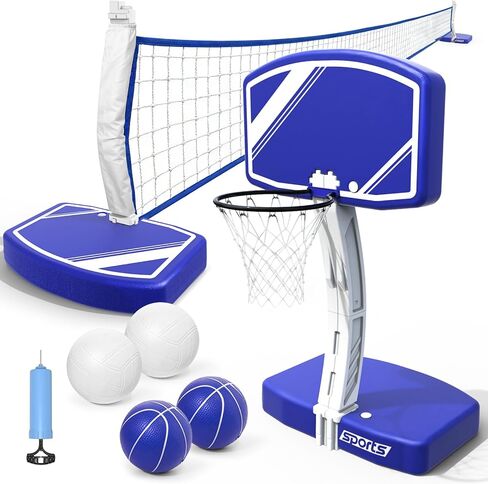 Pool Basketball Hoop&Pool Volleyball Net 2 in 1,Pool Toys Basketball Game with Weighted Base&Stand,2 Water Volleyball&2 Basketball and Pump,Summer Outdoor Family Party Pool Games for Kids Adults in Saudi Arabia
