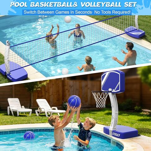 Pool Basketball Hoop&Pool Volleyball Net 2 in 1,Pool Toys Basketball Game with Weighted Base&Stand,2 Water Volleyball&2 Basketball and Pump,Summer Outdoor Family Party Pool Games for Kids Adults in Saudi Arabia
