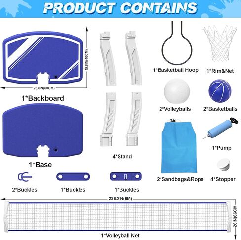 Pool Basketball Hoop&Pool Volleyball Net 2 in 1,Pool Toys Basketball Game with Weighted Base&Stand,2 Water Volleyball&2 Basketball and Pump,Summer Outdoor Family Party Pool Games for Kids Adults in Saudi Arabia