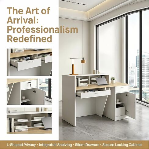 مكتب استقبال على شكل حرف L مع عداد، طاولة غرفة استقبال مقاس 63/71 بوصة مع أدراج قابلة للقفل وصينية لوحة مفاتيح، للمكتب والصالون والفندق والعيادة (خشب طبيعي/أبيض، 71 بوصة طول × 23.6 بوصة عرض × 39.4 بوصة ارتفاع) in Kuwait