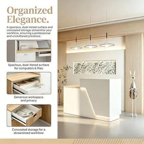 مكتب استقبال على شكل حرف L مع عداد، طاولة غرفة استقبال مقاس 63/71 بوصة مع أدراج قابلة للقفل وصينية لوحة مفاتيح، للمكتب والصالون والفندق والعيادة (خشب طبيعي/أبيض، 71 بوصة طول × 23.6 بوصة عرض × 39.4 بوصة ارتفاع) in Kuwait