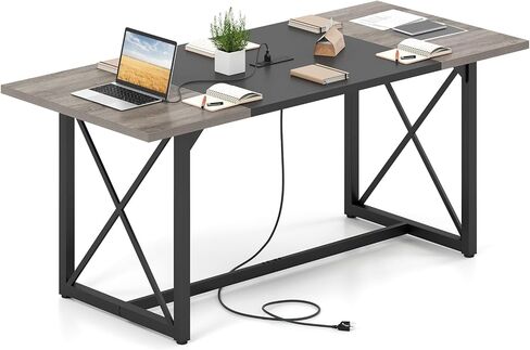 Giantex 6FT Conference Table with Power Outlets, Large Rectangle Meeting Table for 6-8 People, Modern Seminar Boardroom Table w/Stable Metal Frame, Computer Desk for Office Conference (Black,1) in Saudi Arabia