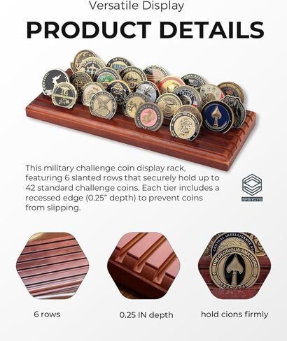 Challenge Coin Display Stand, 6 Row Wood Military Coins Holder Rack Holds 42 Coins, Solid Wood Desktop Rack for Storage, Display Case with Inclined Shelves in Saudi Arabia