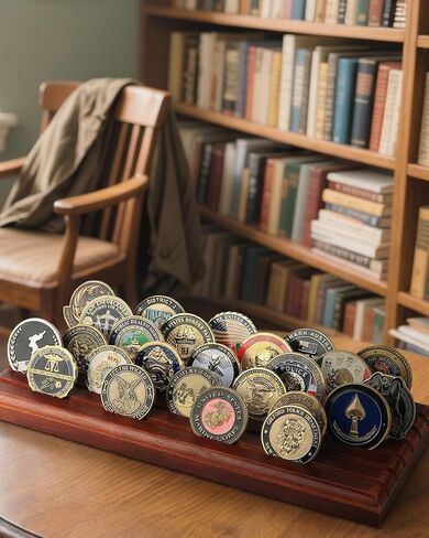 Challenge Coin Display Stand, 6 Row Wood Military Coins Holder Rack Holds 42 Coins, Solid Wood Desktop Rack for Storage, Display Case with Inclined Shelves in Saudi Arabia