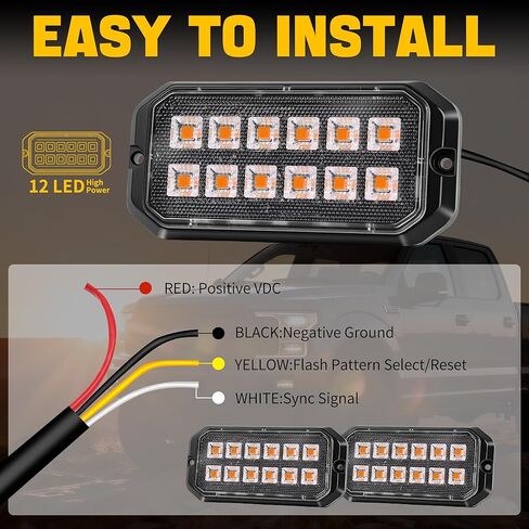 2026 مصابيح LED كهرمانية مطورة، 12-LED مزامنة أضواء شواء كهرمانية، مصابيح تحذيرية من المخاطر وامضة فائقة السطوع للمركبات 12 فولت/24 فولت (عبوتان) in Kuwait