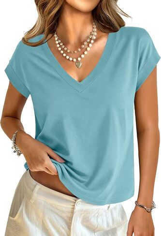 Womens Cotton Tops Cap Short Sleeve Crop V Neck Basic Shirts Boxy Casual Spring Summer Clothing Outfits in Saudi Arabia