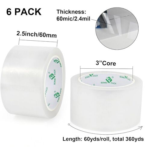 BOMEI PACK 2.5 inch Clear Packing Tape, 6 Refills Rolls Heavy Duty Wide Packaging Tape for Moving, Shipping and Storage, 2.4 Mil x 60 Yards in Saudi Arabia