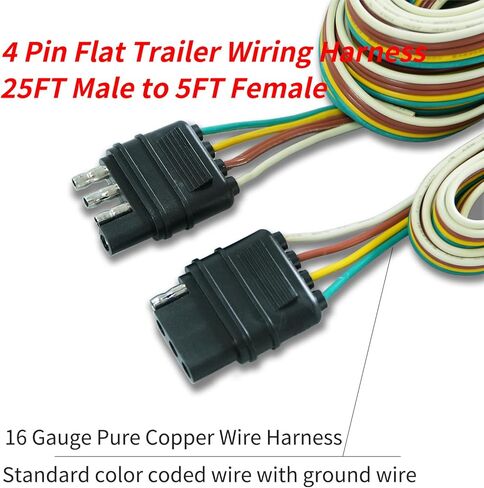 LUCKY TL 4-Pin Flat Trailer Wiring Harness Kit, 16AWG, 25ft Male to 5ft Female, Made with Pure Copper Wire, Ideal for Tow hitches, Boat Trailers and Towing Applications in Saudi Arabia