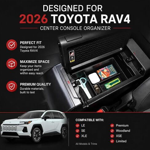 صينية تنظيم وحدة التحكم المركزية المحدثة المتوافقة مع صندوق تخزين مسند الذراع Toyota RAV4 لعام 2026، صينية تخزين ثانوية من مادة ABS والإكسسوارات الداخلية - لا حاجة لإزالة الغطاء in Kuwait