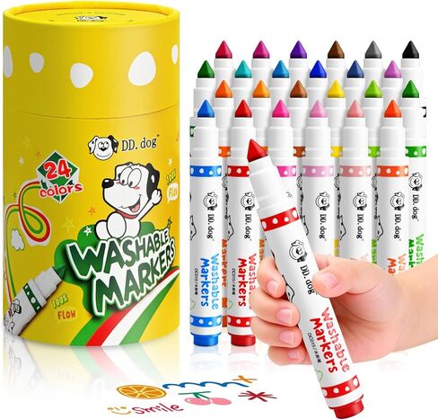 Washable Markers for Kids, 24 Vibrant Colors with Cone Tips & Easy-Grip Barrel - Toddler Art Supplies, Washable from Skin & Clothes, Portable Case for Preschool, Home, Travel (cartoon, Count, 24) in Saudi Arabia
