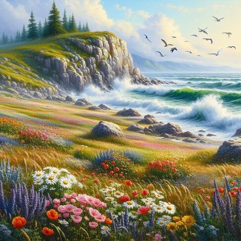 Anuver Diamond Painting Kits for Adults Seaside Scenery, 5D Round Diamond Art Kits for Beginners, DIY Full Drill Crystal Gem Painting Kits for Home Wall Decor 12x12 Inch, Flower in Saudi Arabia