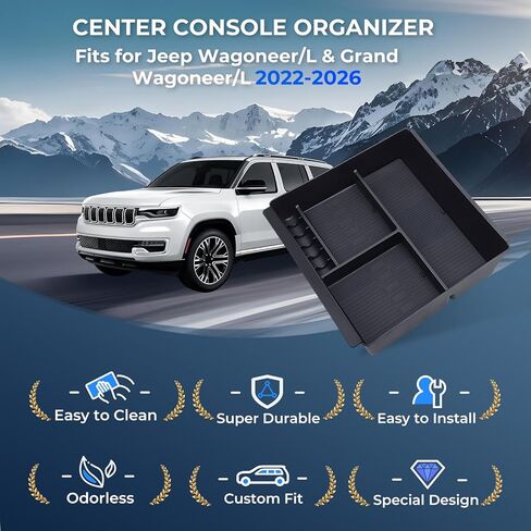 صندوق تخزين صينية تنظيم وحدة التحكم المركزية لسيارة Jeep Wagoneer/L & Jeep Grand Wagoneer/L 2022-2026 (فقط بدون صندوق تبريد ولا يناسب Wagoneer S)، صينية إدخال مسند الذراع للملحقات الداخلية، أسود in Kuwait